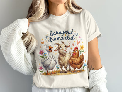 Barnyard Drama Club text on a t-shirt with a distressed duck, goat, and chicken.