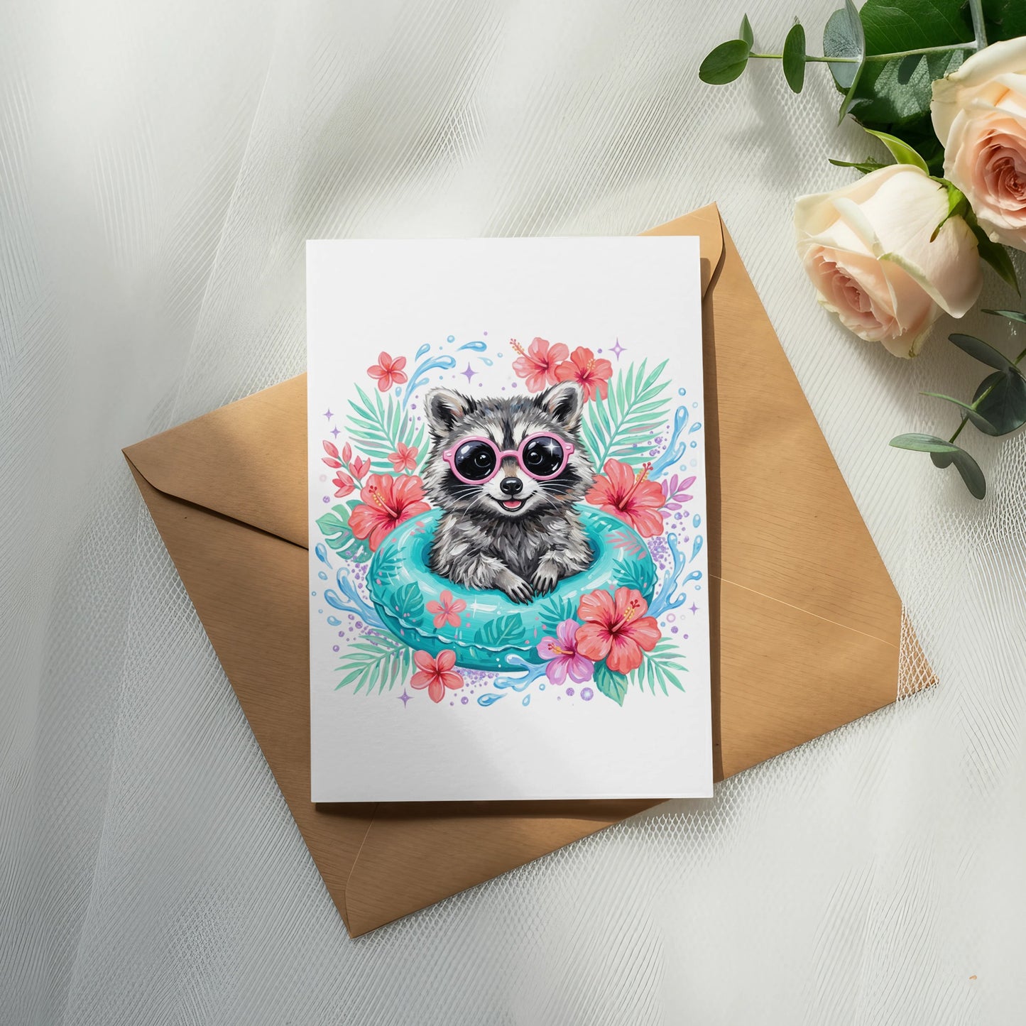 Illustration of a raccoon in sunglasses on an inner tube with flowers.