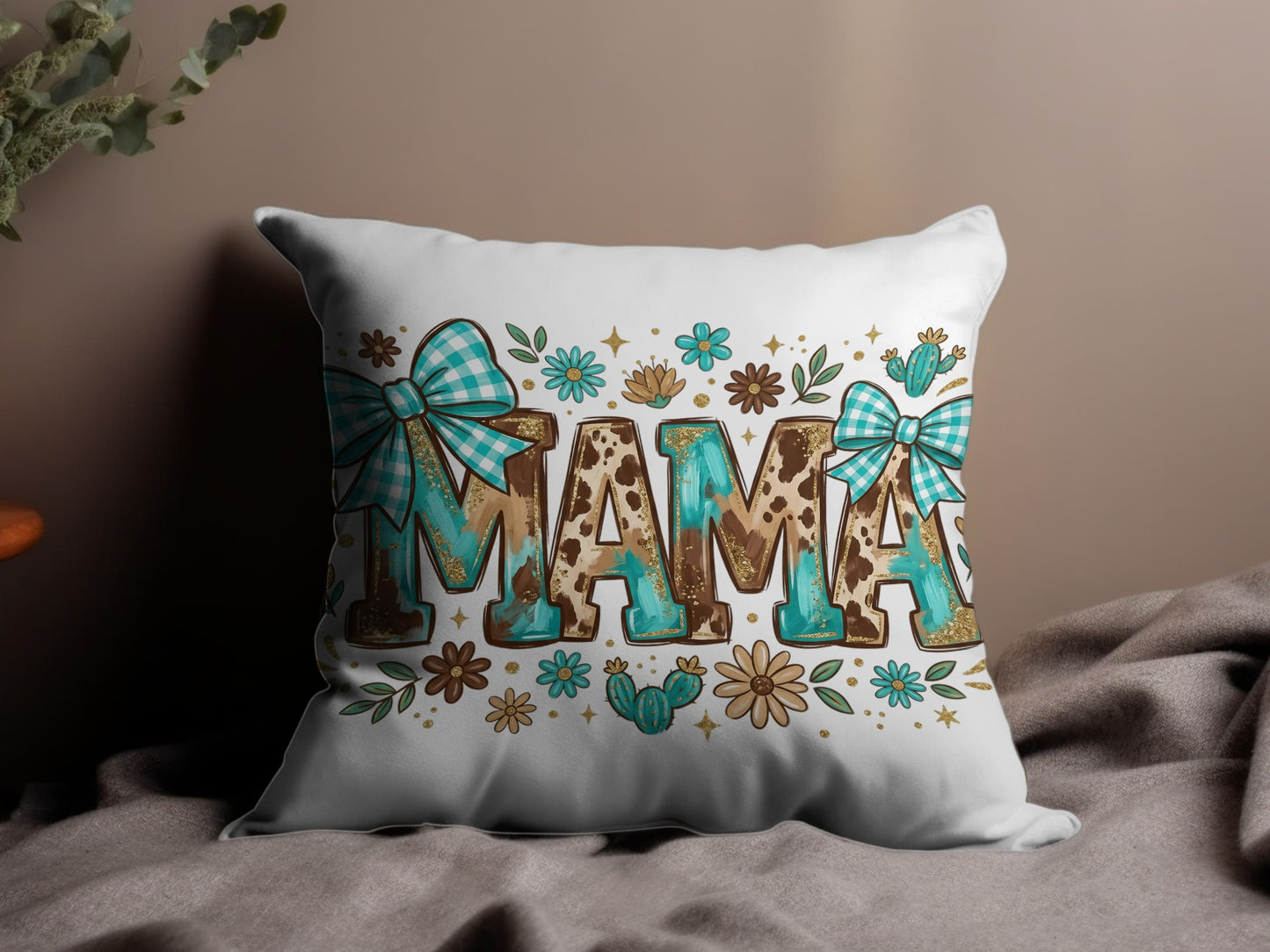 "Mama" text with leopard print and floral accents on a decorative pillow.
