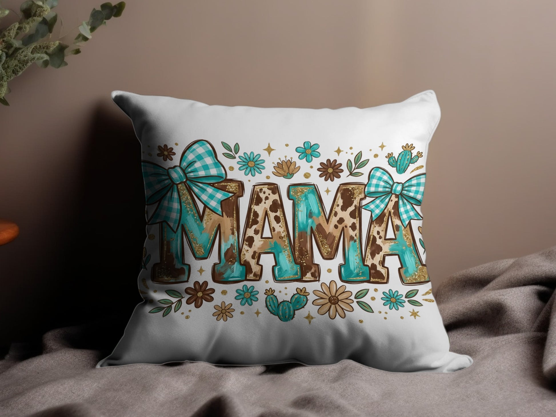 "Mama" text with leopard print and floral accents on a decorative pillow.