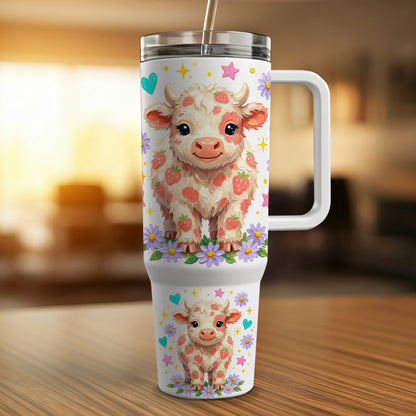 White travel tumbler with cute strawberry cow and flowers design.
