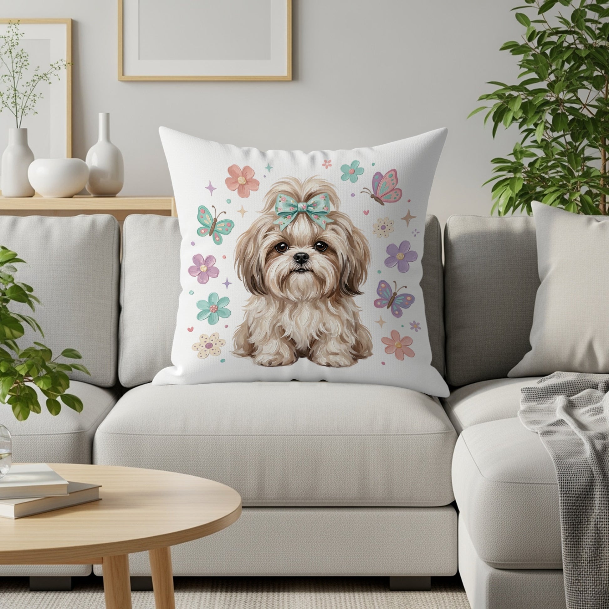 Fluffy shih tzu with bow on pillow surrounded by butterflies and flowers.