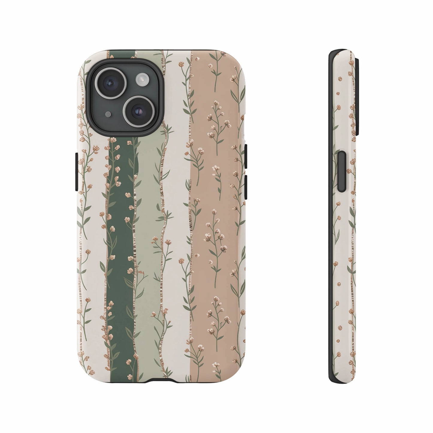 Floral print phone case with a vertical stripe and scattered floral design.