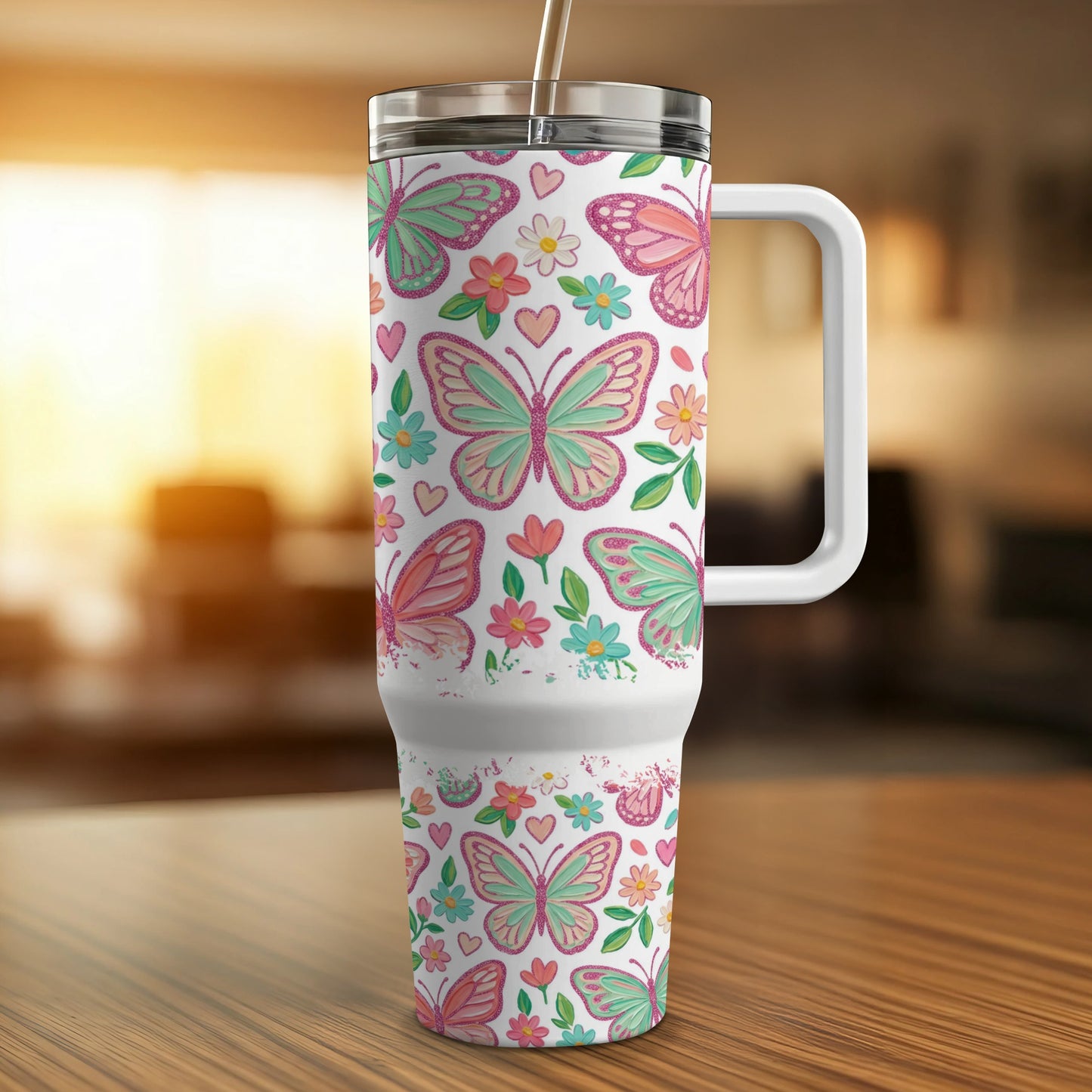White tumbler with colorful butterfly and floral pattern, and a straw.