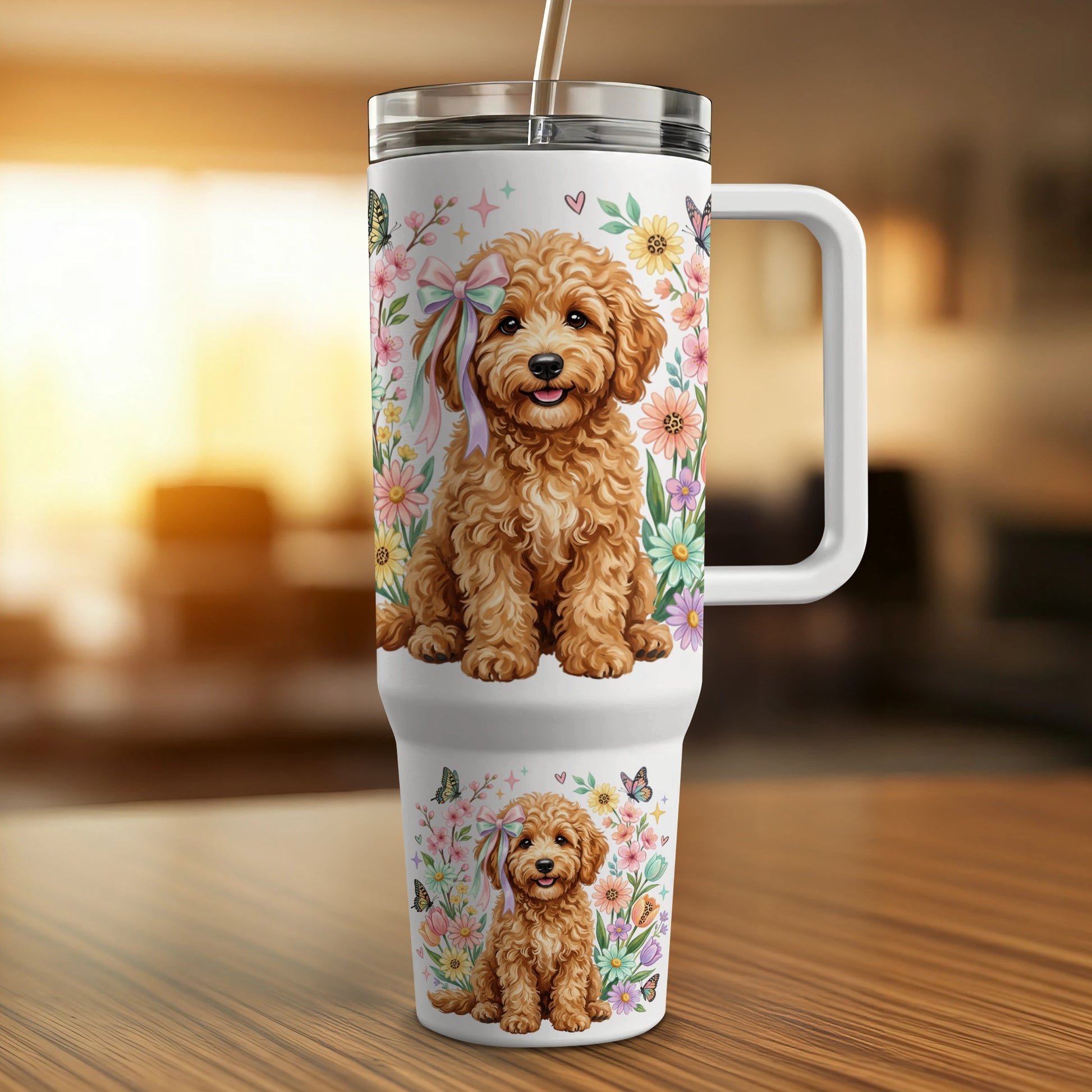 Goldendoodle puppy on floral tumbler with handle and straw.