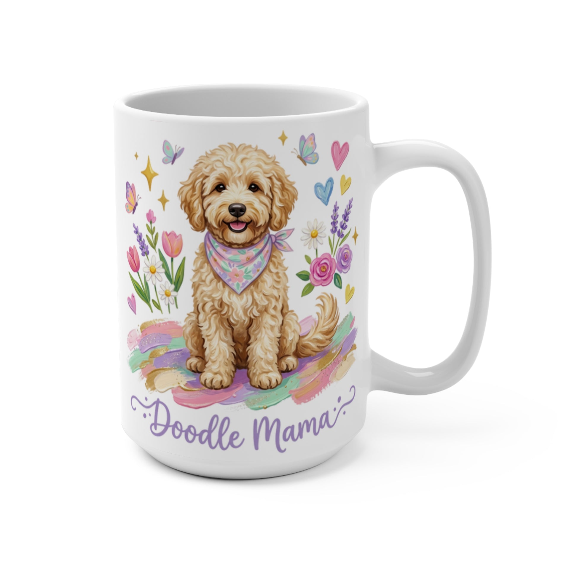 Beige doodle dog wearing a bandana on a colorful, floral background with "Doodle Mama" text.