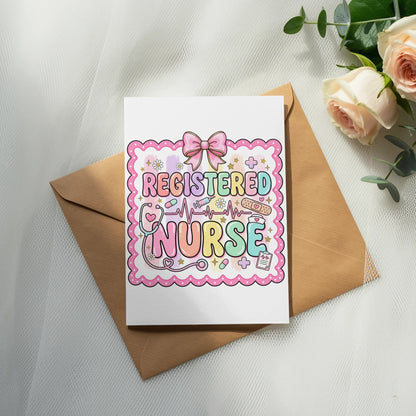 Card with "Registered Nurse" in colorful lettering, stethoscope, and medical icons.