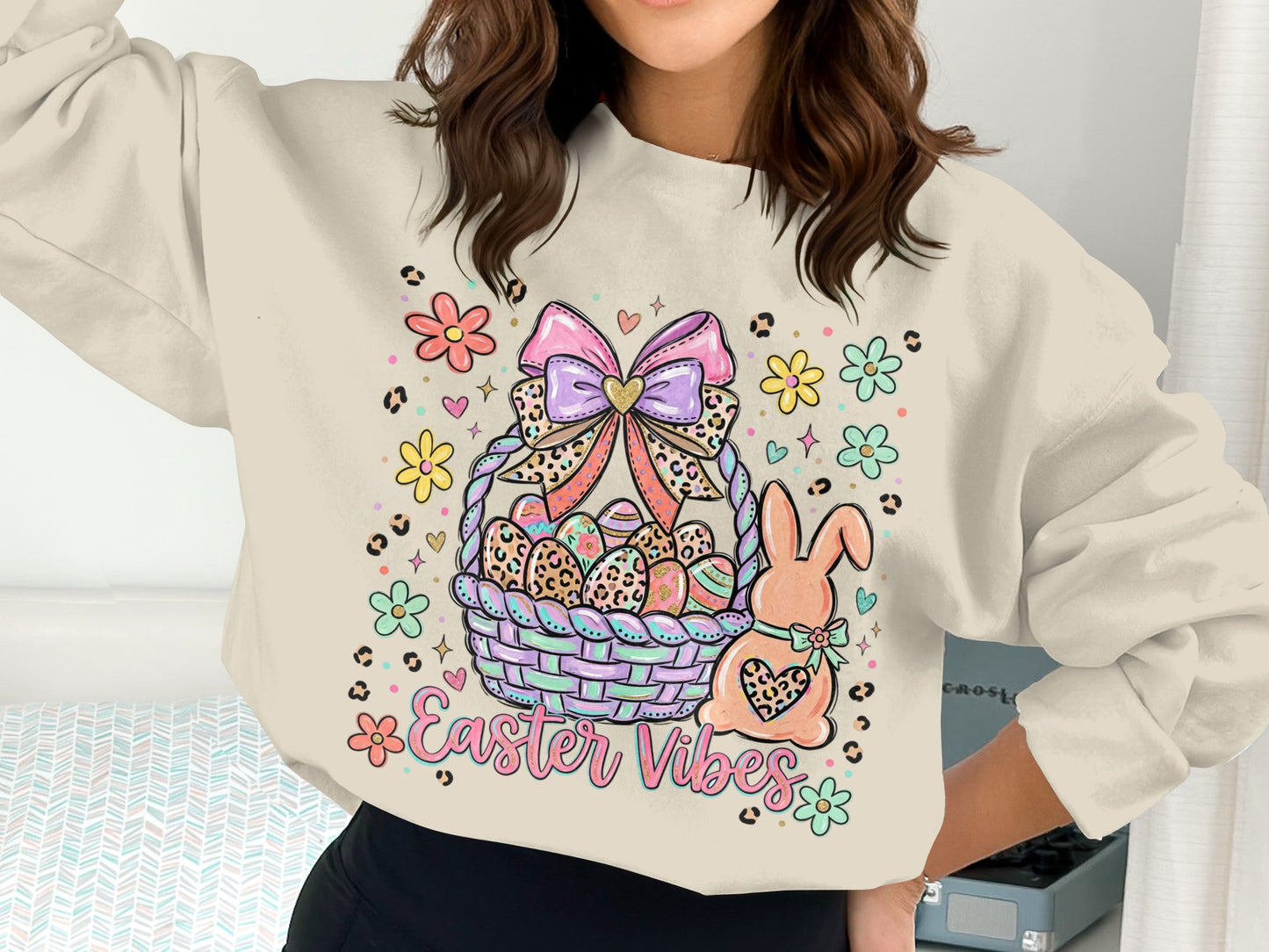 Sweatshirt with Easter basket, eggs, bunny, and "Easter Vibes" text.