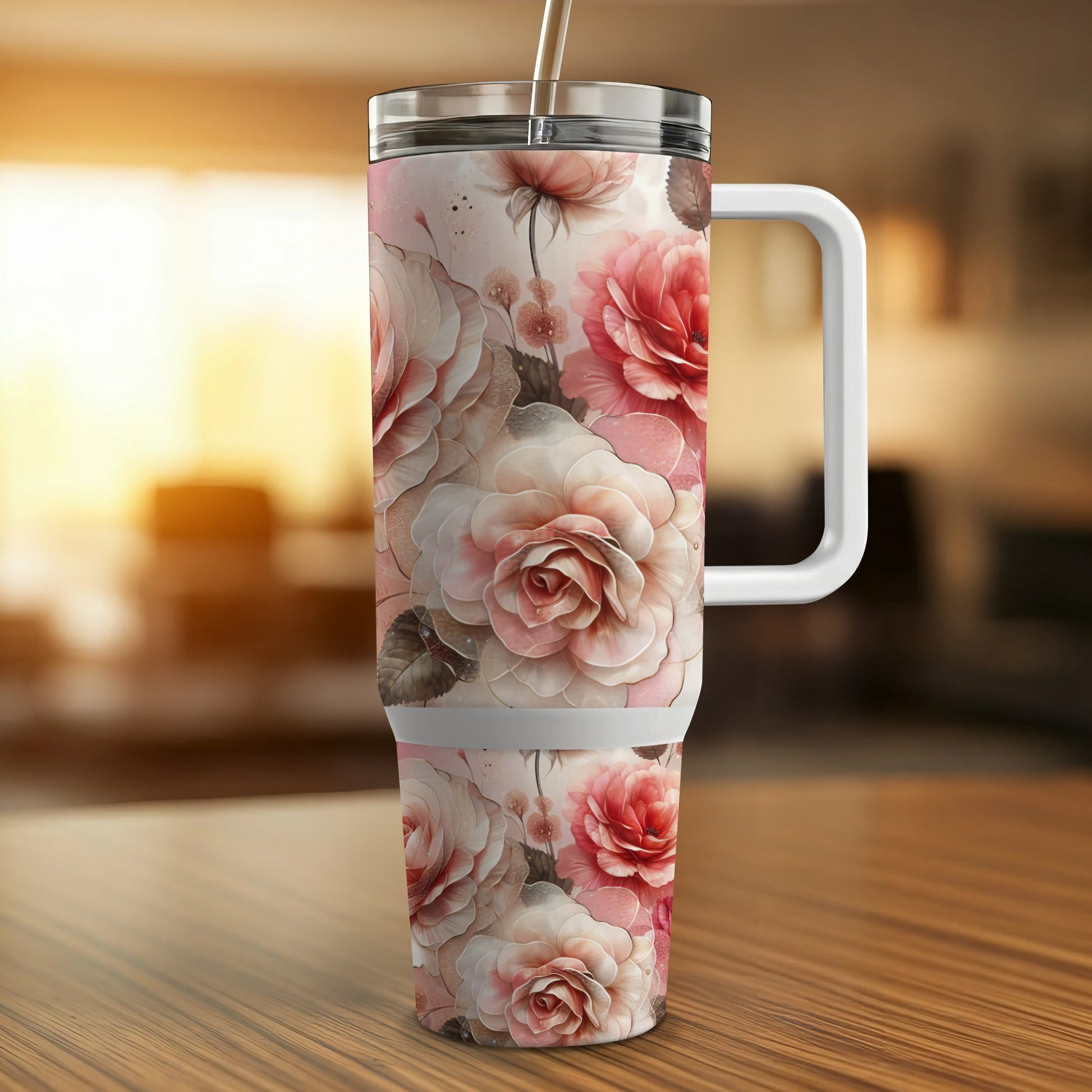 White tumbler with pink and red roses on a wooden surface.