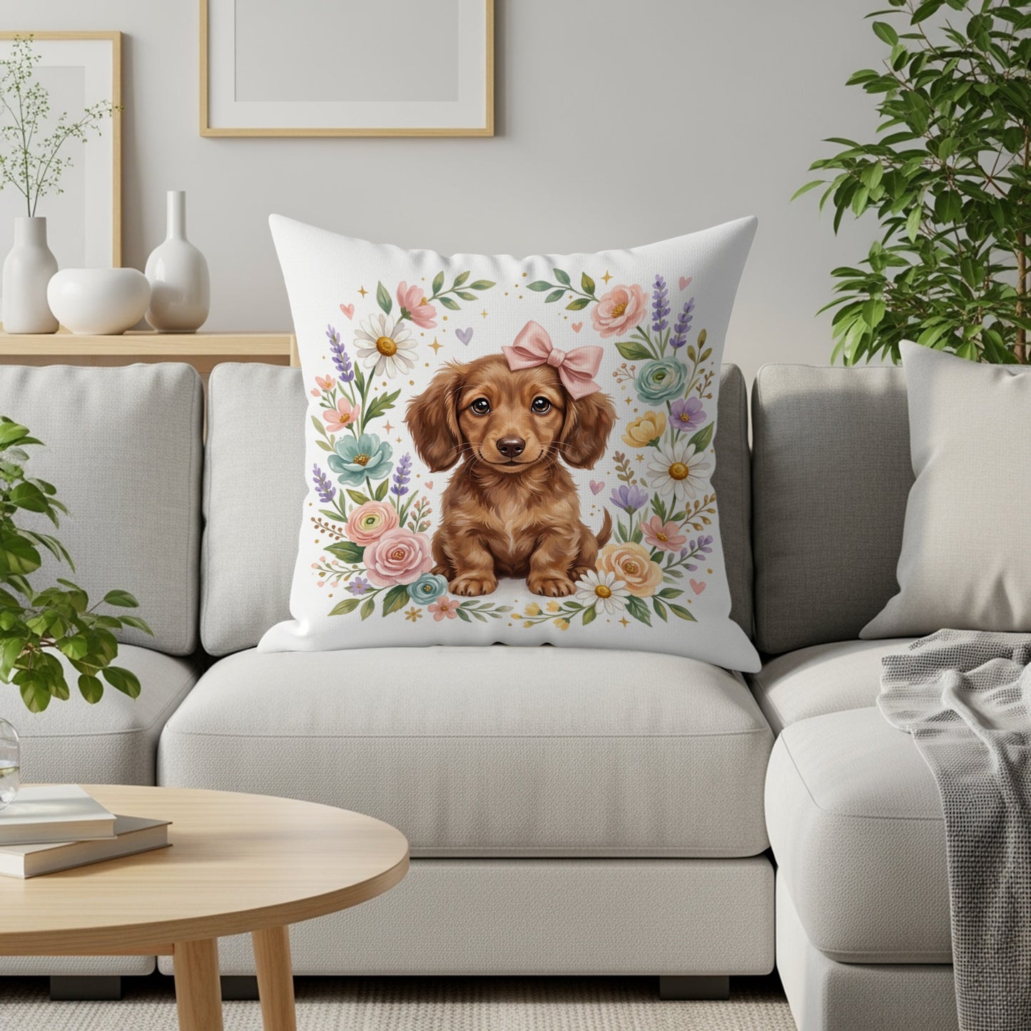 Dachshund puppy with pink bow on pillow surrounded by flowers.