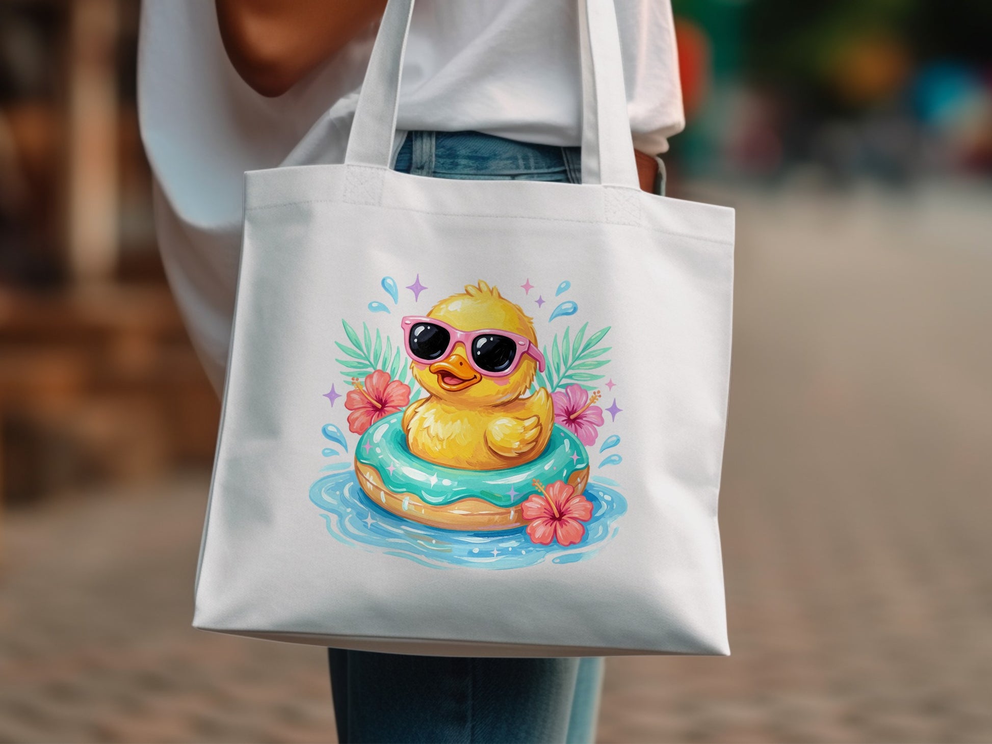 Yellow rubber duck with sunglasses floating on a donut in water.