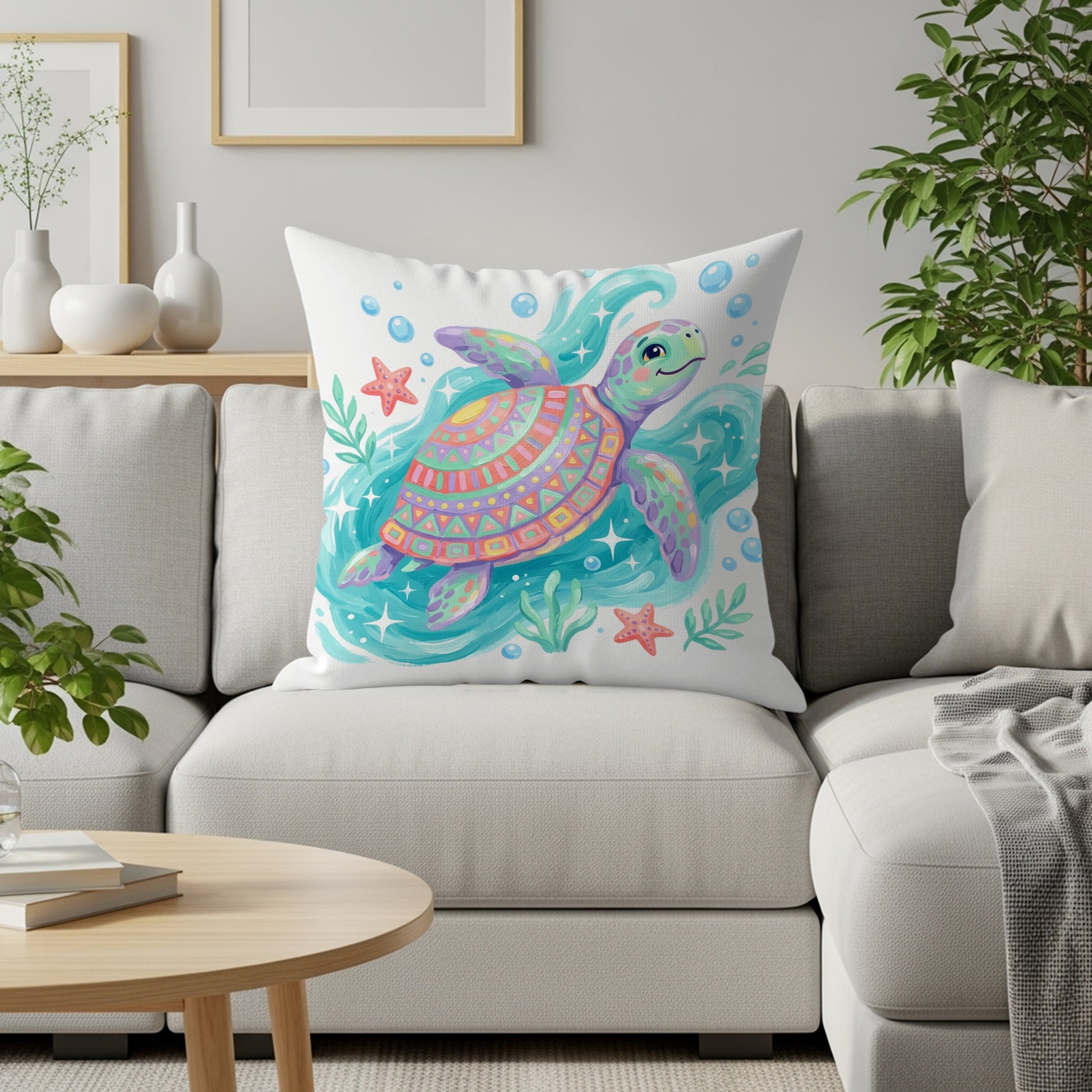 Colorful sea turtle pillow with starfish and water on a couch.
