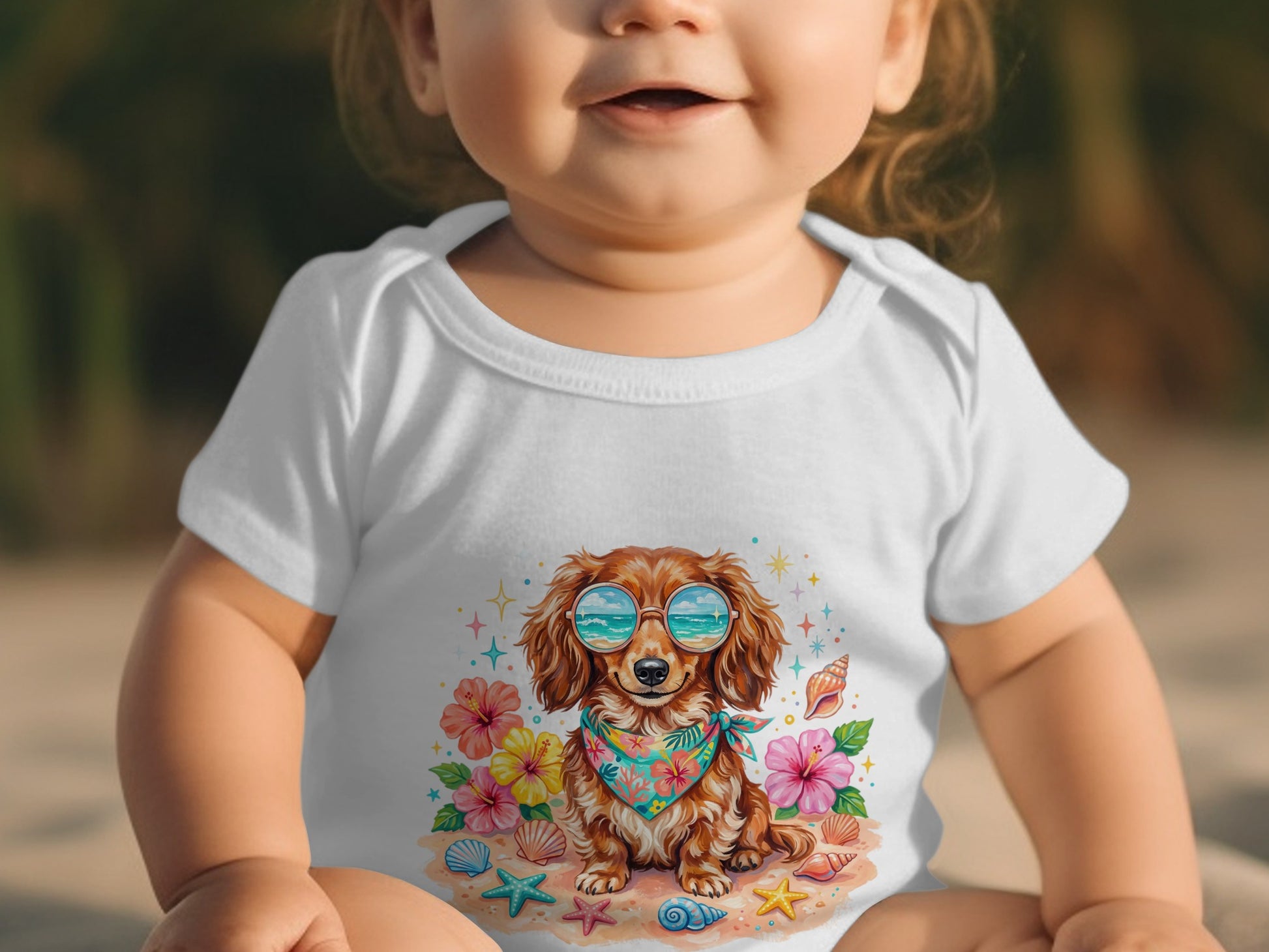 White baby onesie with a dachshund wearing sunglasses and a bandana.