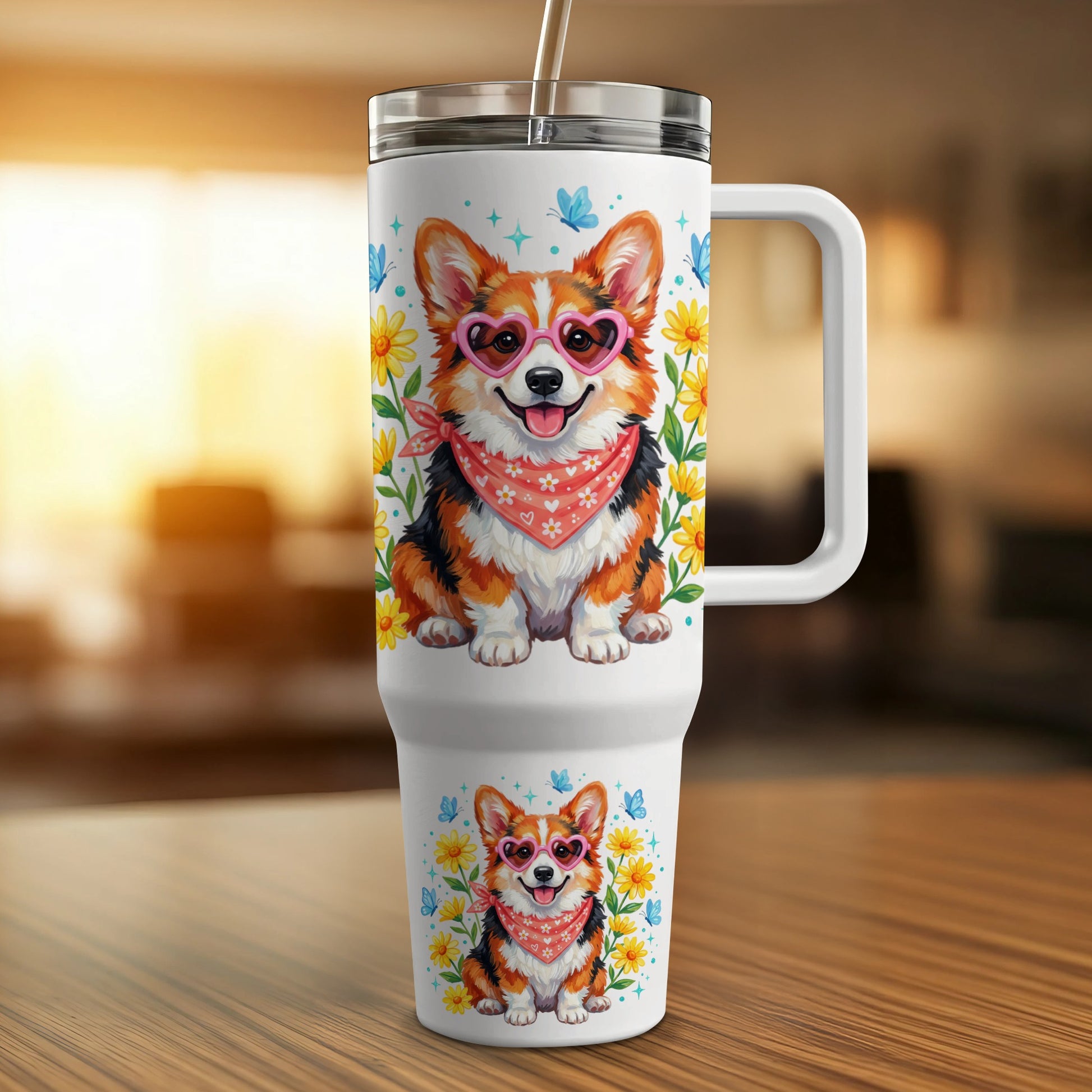 Corgi wearing heart sunglasses and bandana on a floral tumbler.