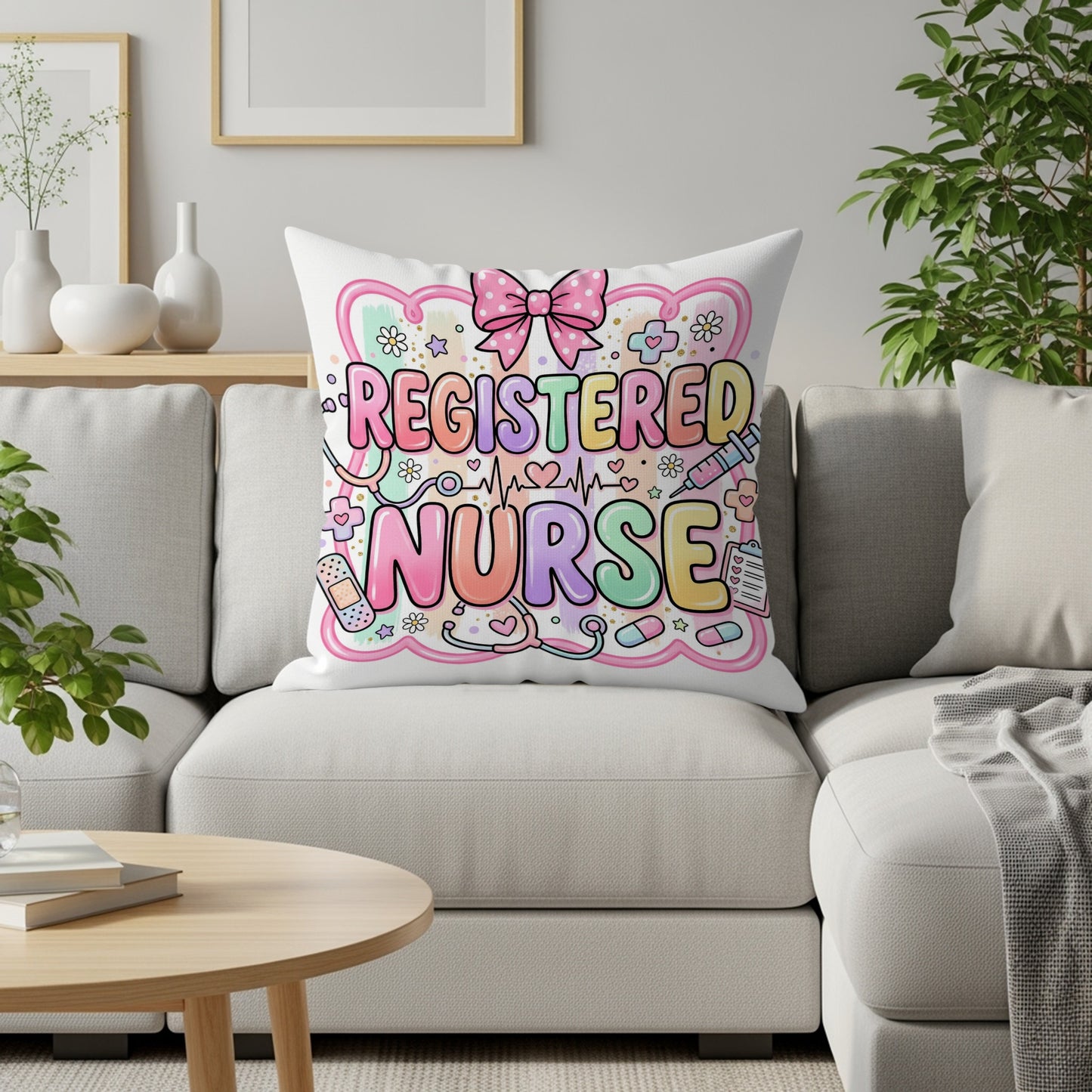 Registered Nurse pillow with colorful medical icons and a pink bow.