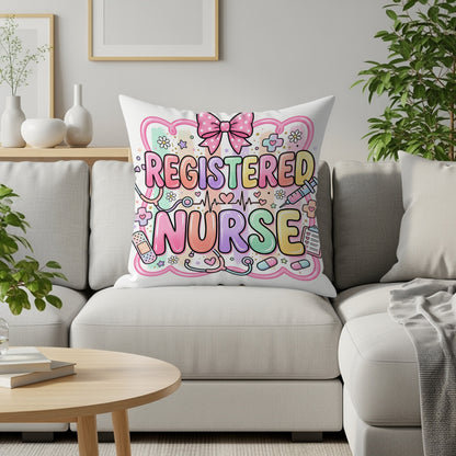 Registered Nurse pillow with colorful medical icons and a pink bow.