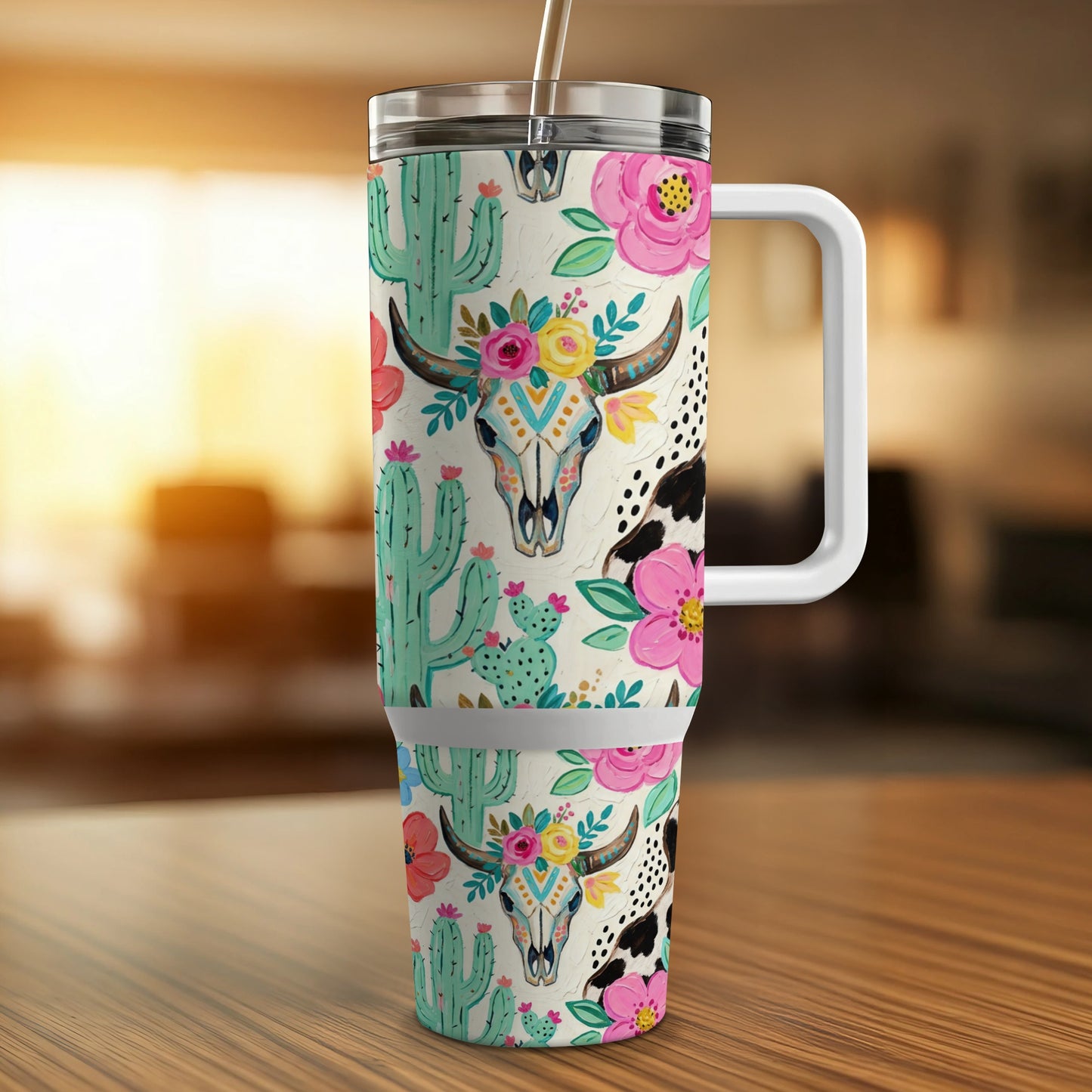 Tumbler with steer skull, cactus, and floral pattern on wood table.