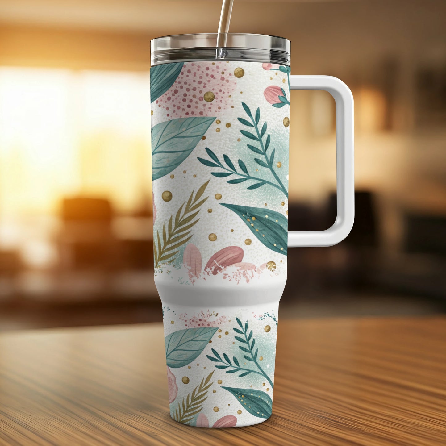 White tumbler with teal leaves, pink accents, and gold dots.