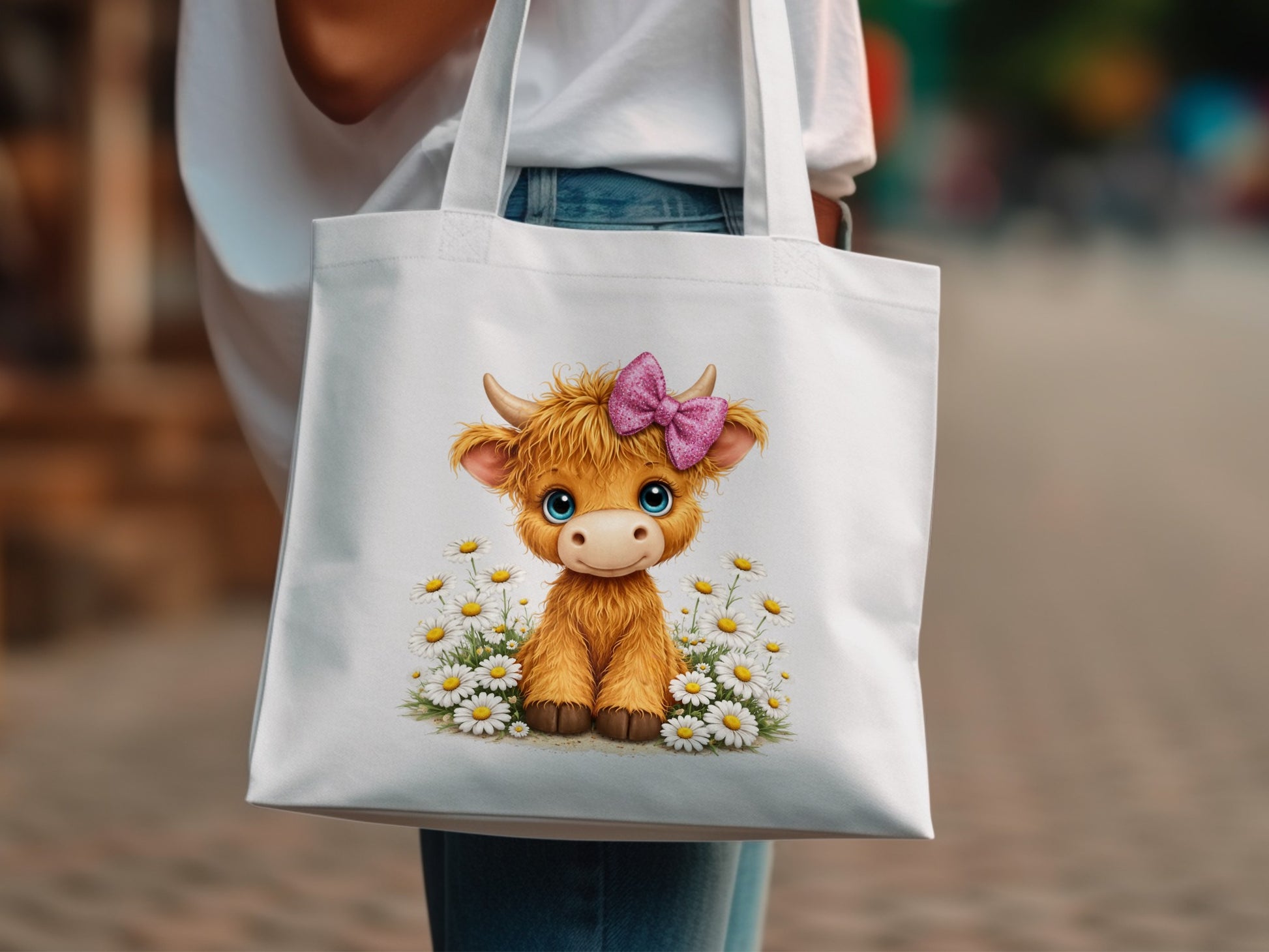 Fluffy Highland cow with pink bow surrounded by daisies on a white tote bag.