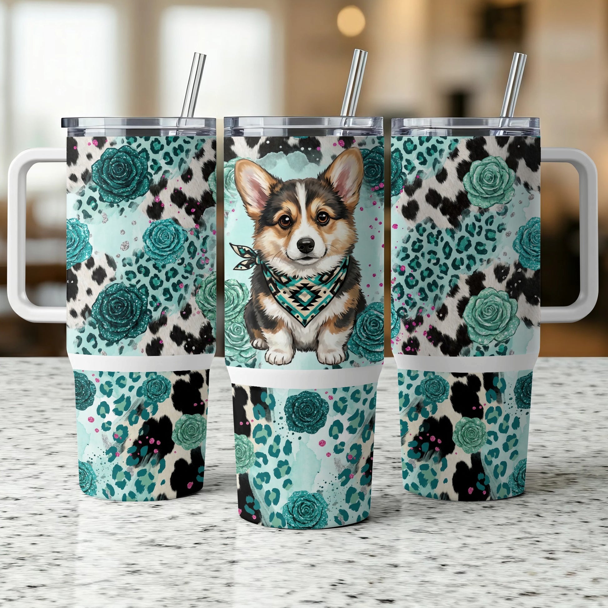 Corgi wearing bandana on a tumbler with floral and animal print.