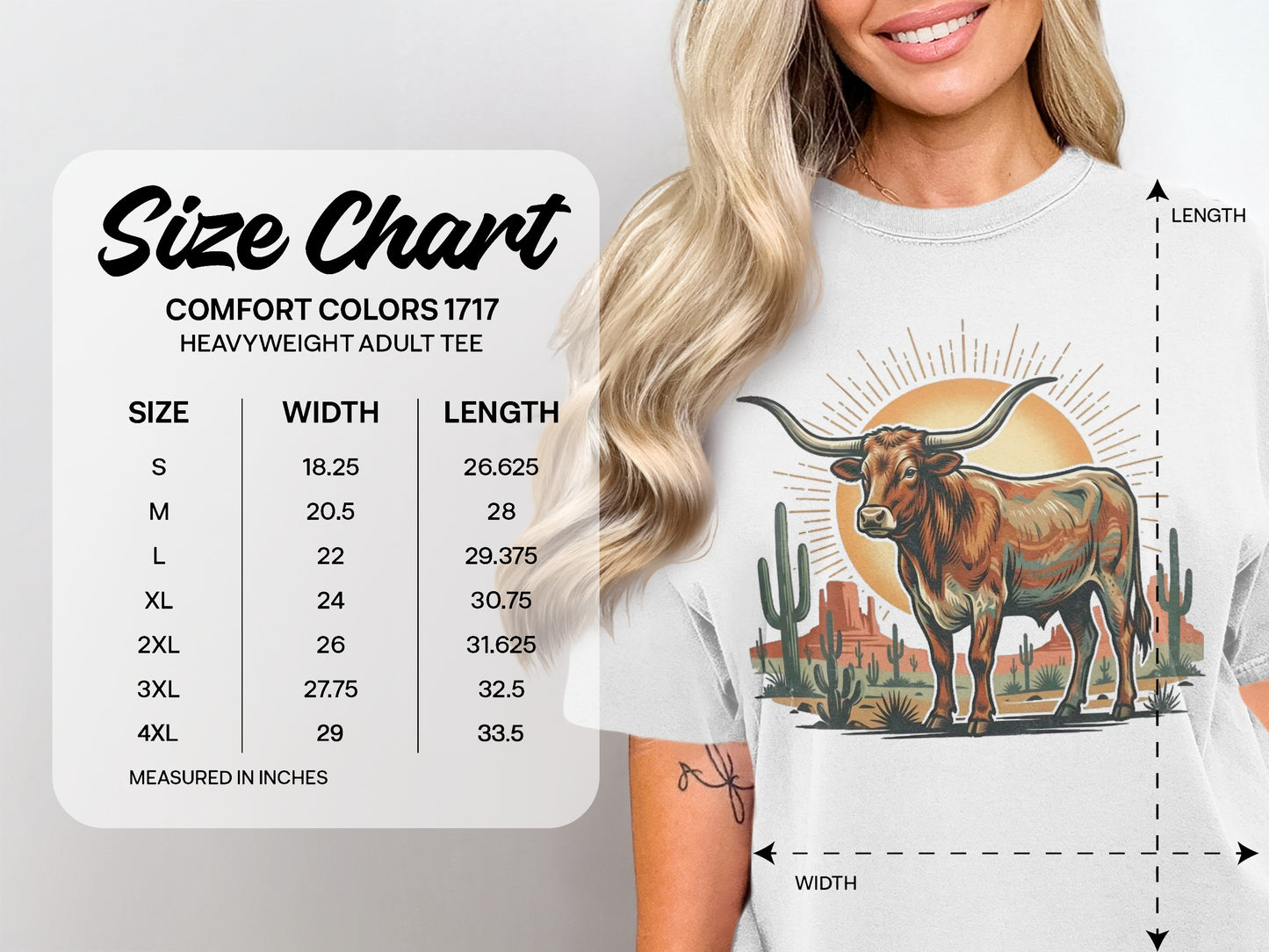 Size chart for Comfort Colors 1717 heavyweight adult tee, listing sizes S-4XL.