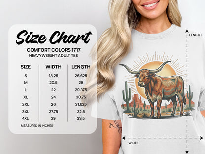 Size chart for Comfort Colors 1717 heavyweight adult tee, listing sizes S-4XL.