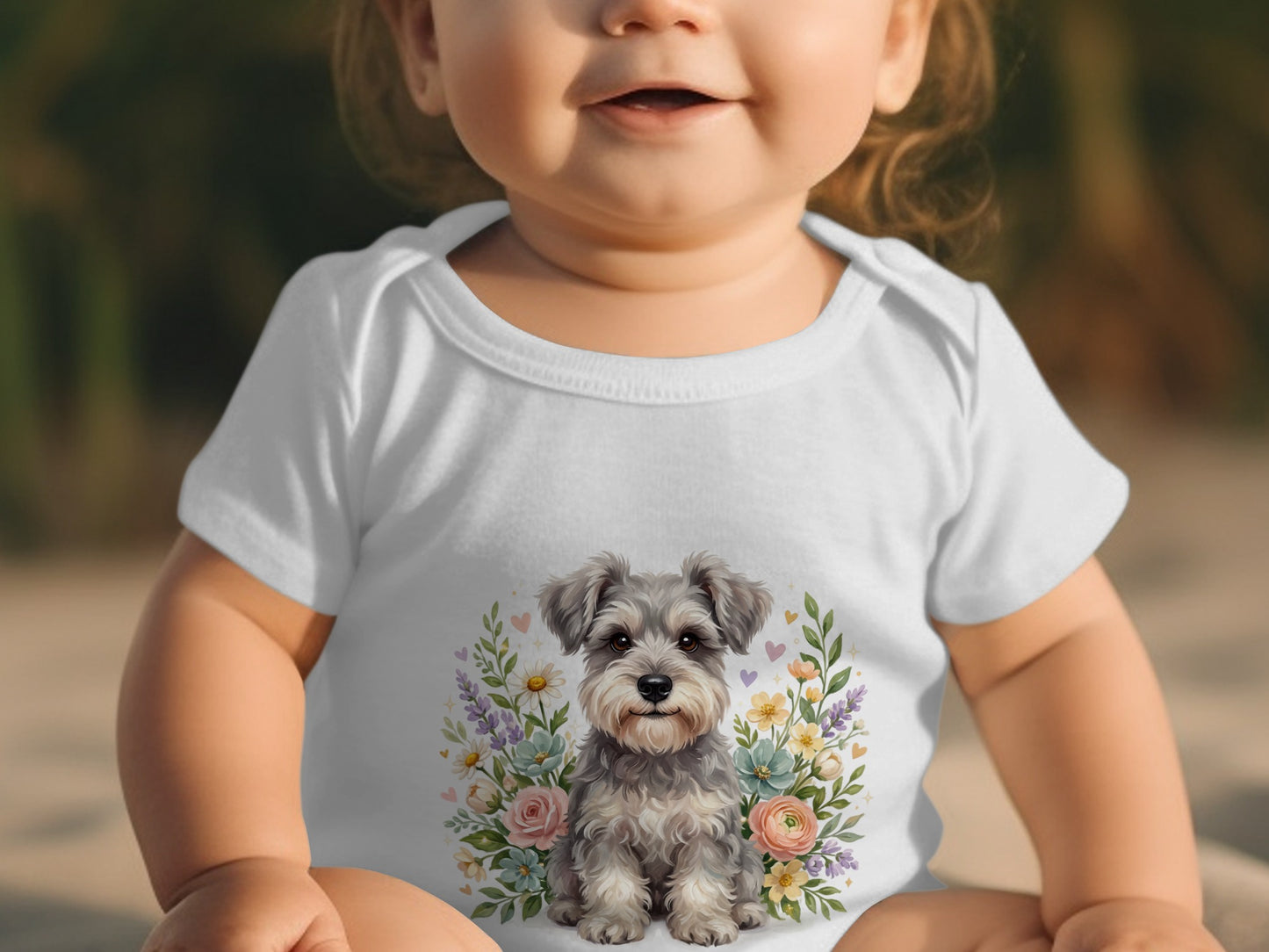 Baby wearing a white onesie with a watercolor schnauzer and floral design.