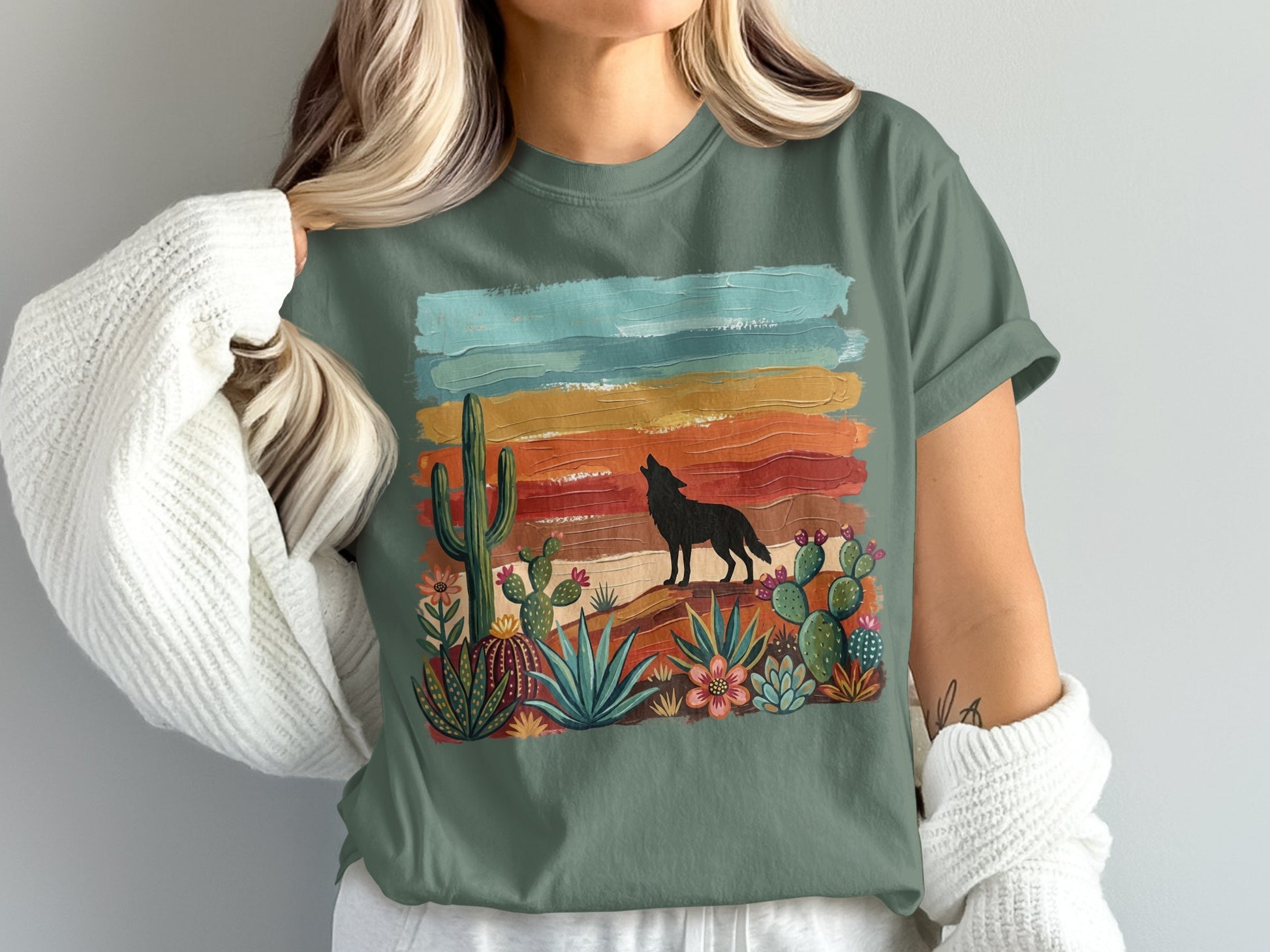Wolf howling at sunset with cacti and desert plants.