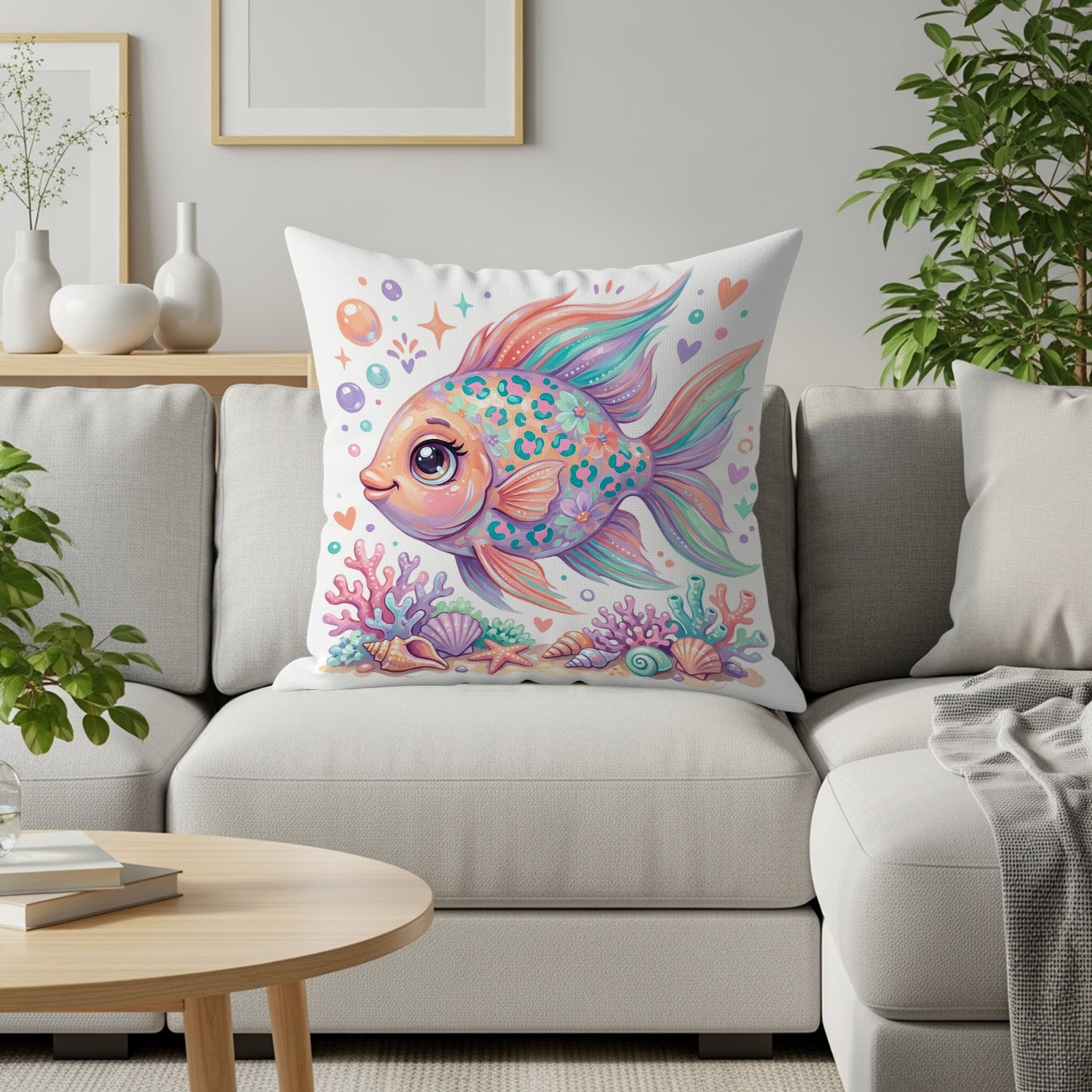Whimsical fish design pillow with coral and seashells on couch.