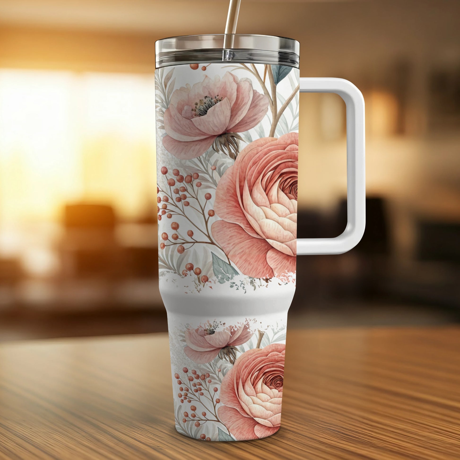 White floral tumbler with pink roses and berries, featuring a handle.