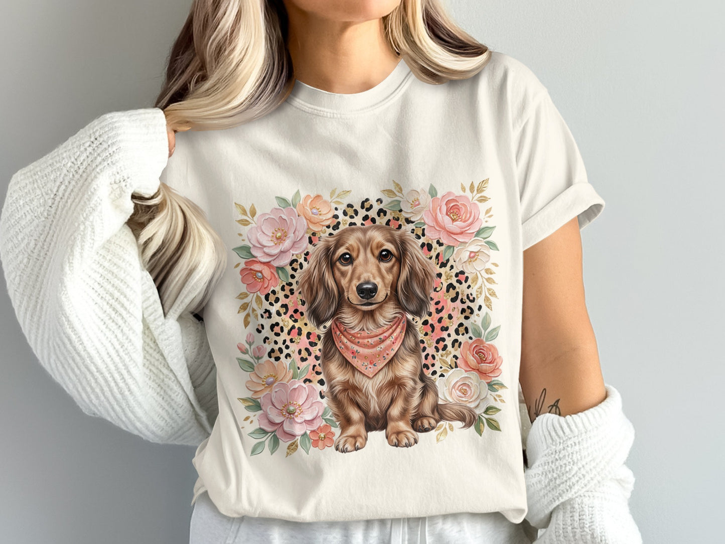 Cream t-shirt with watercolor dachshund and floral design.