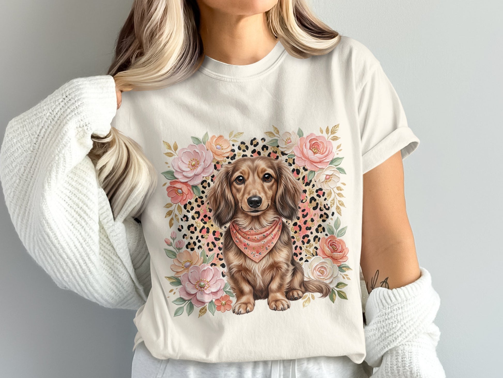 Cream t-shirt with watercolor dachshund and floral design.
