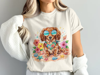 Dachshund wearing sunglasses and bandana on beach with seashells and flowers.