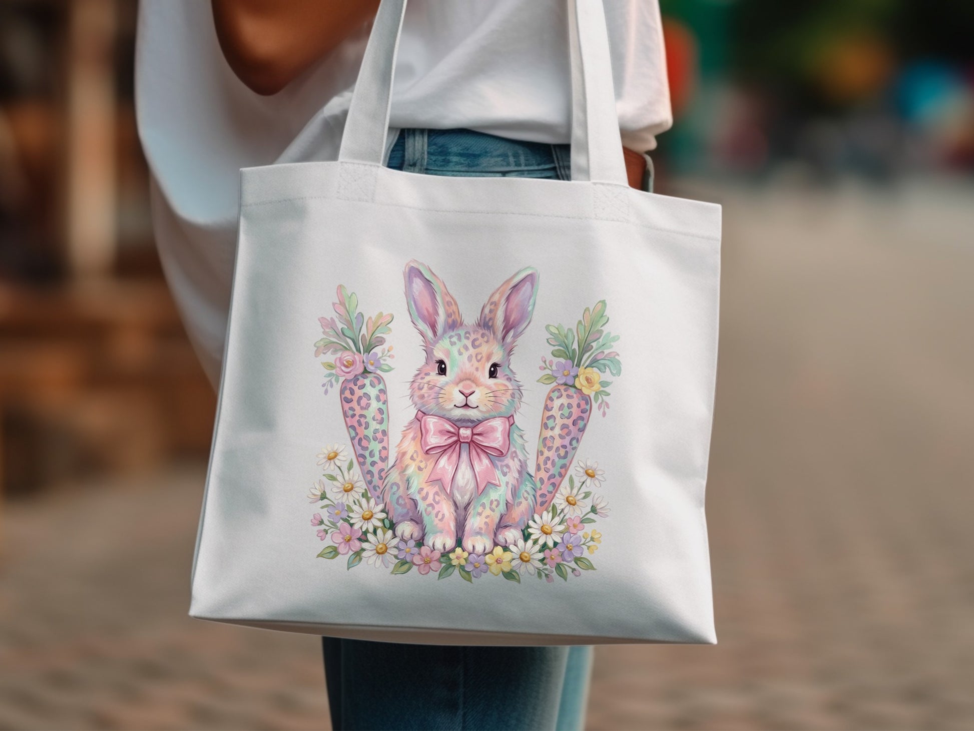 Easter bunny with carrots and flowers on a white tote bag.
