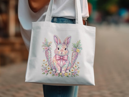 Easter bunny with carrots and flowers on a white tote bag.