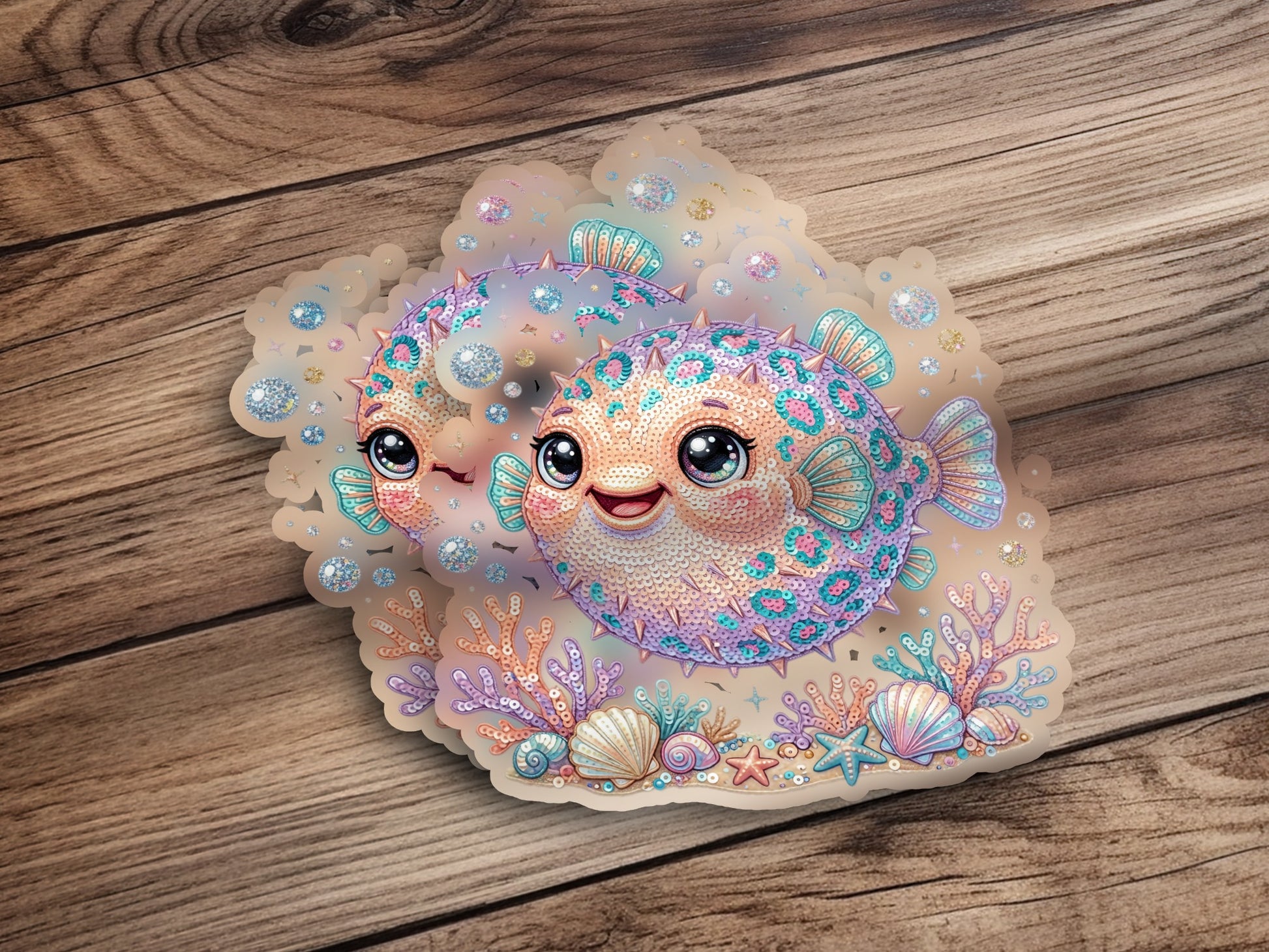 Two cute, cartoon pufferfish surrounded by seashells and coral on a wooden background.