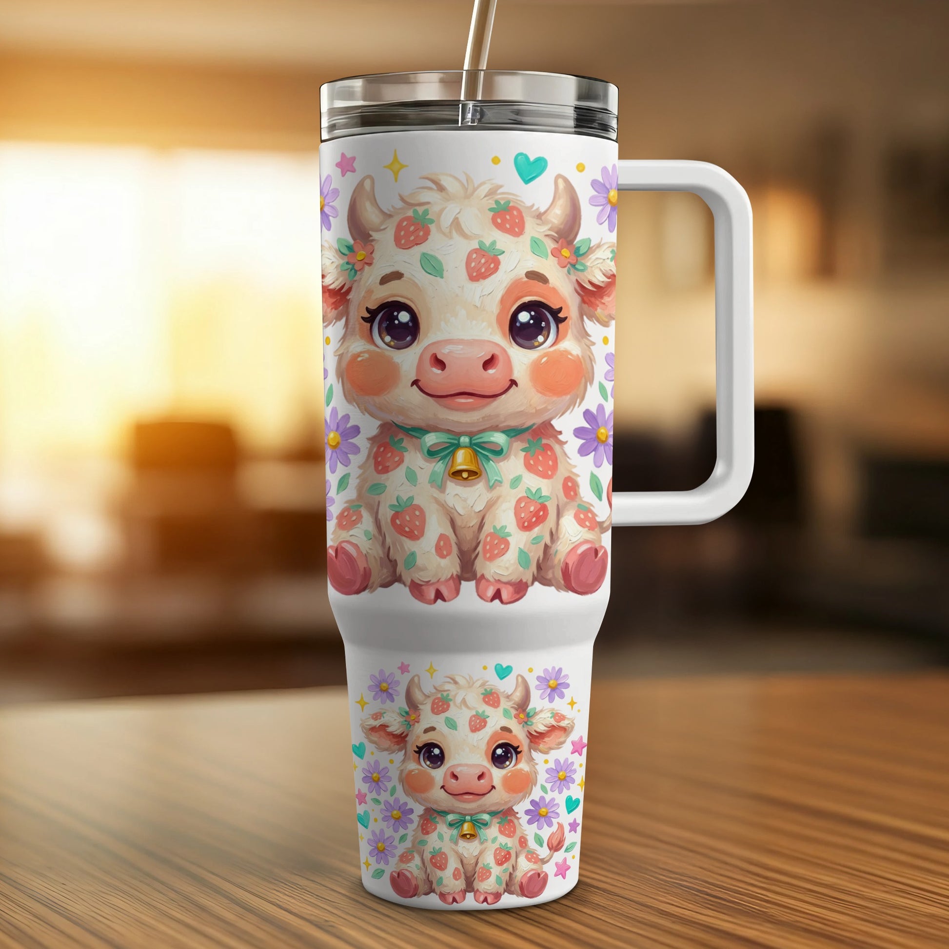 Cute cow illustration on a white tumbler with strawberry and floral accents.