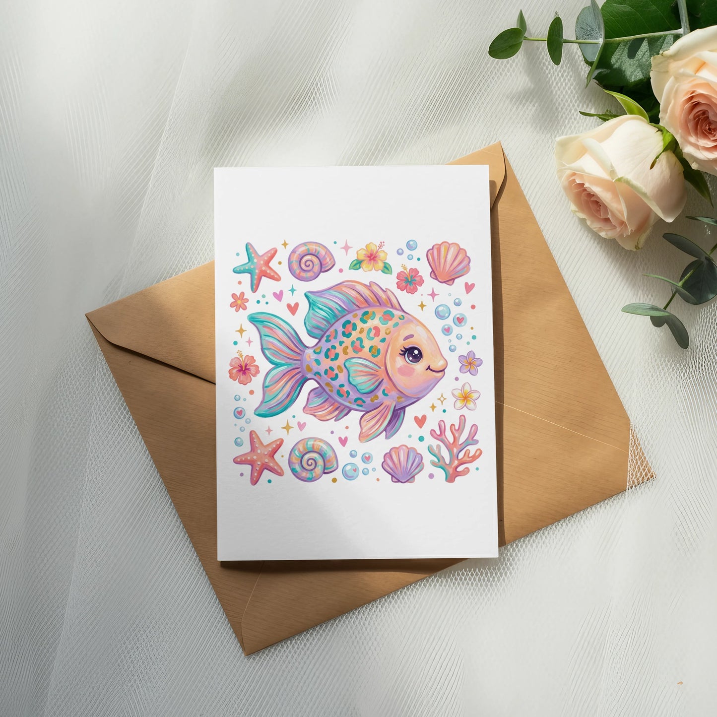 Cute cartoon goldfish with seashells and flowers on a card.