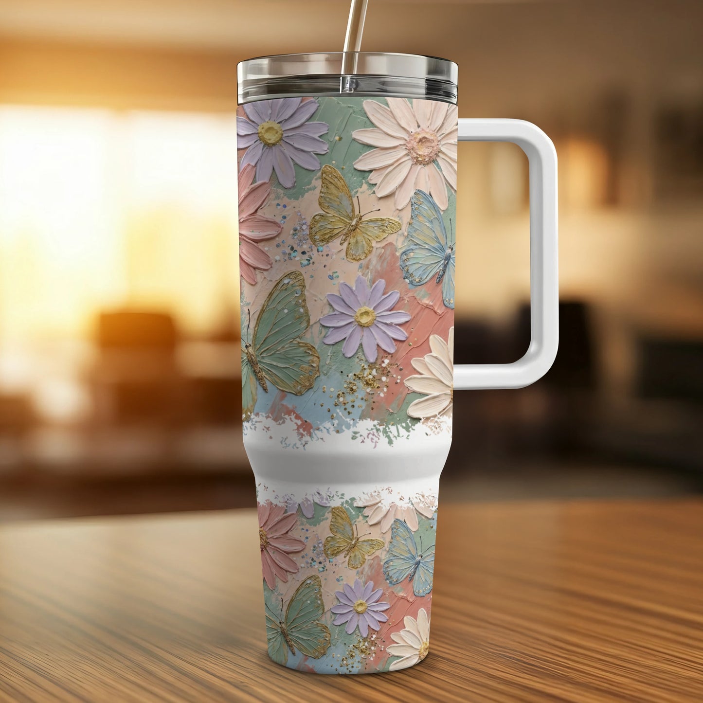 Floral and butterfly tumbler with handle on wooden table.