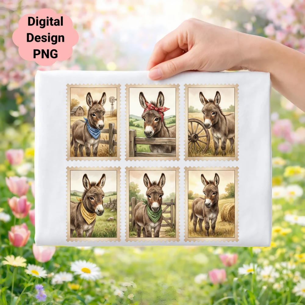 Six square illustrations of donkeys wearing bandanas on a wrapped gift.