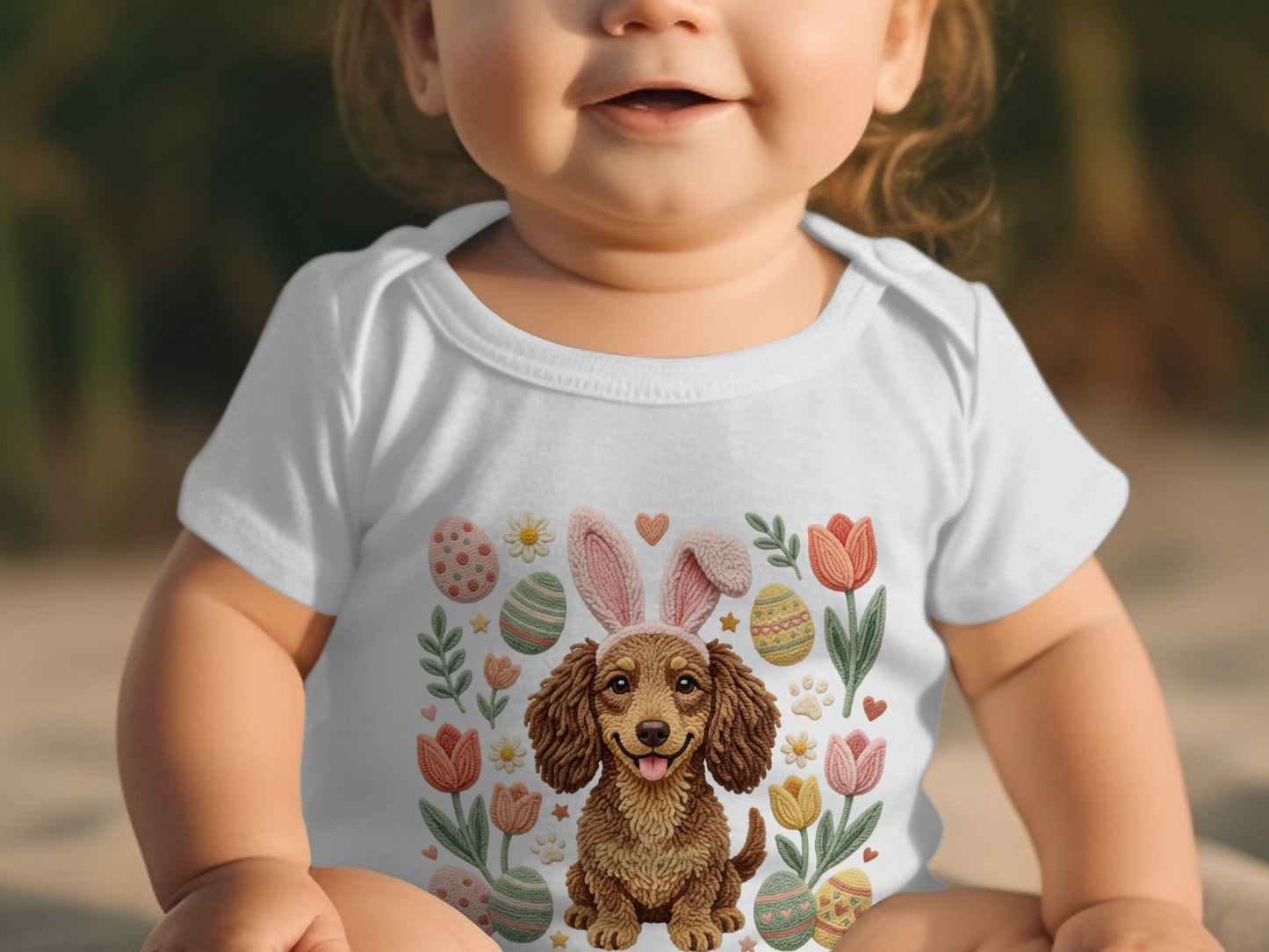 Baby wearing a white bodysuit with a dachshund and Easter egg design.