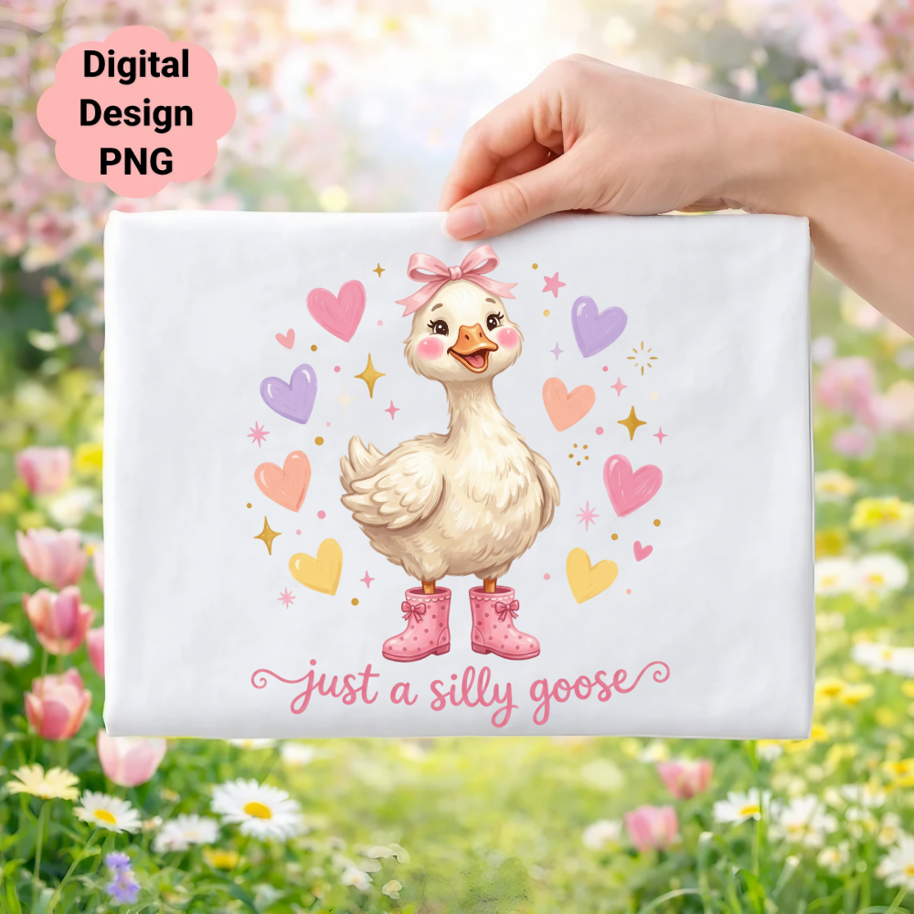 Cute cartoon goose wearing pink boots with hearts and text "just a silly goose".