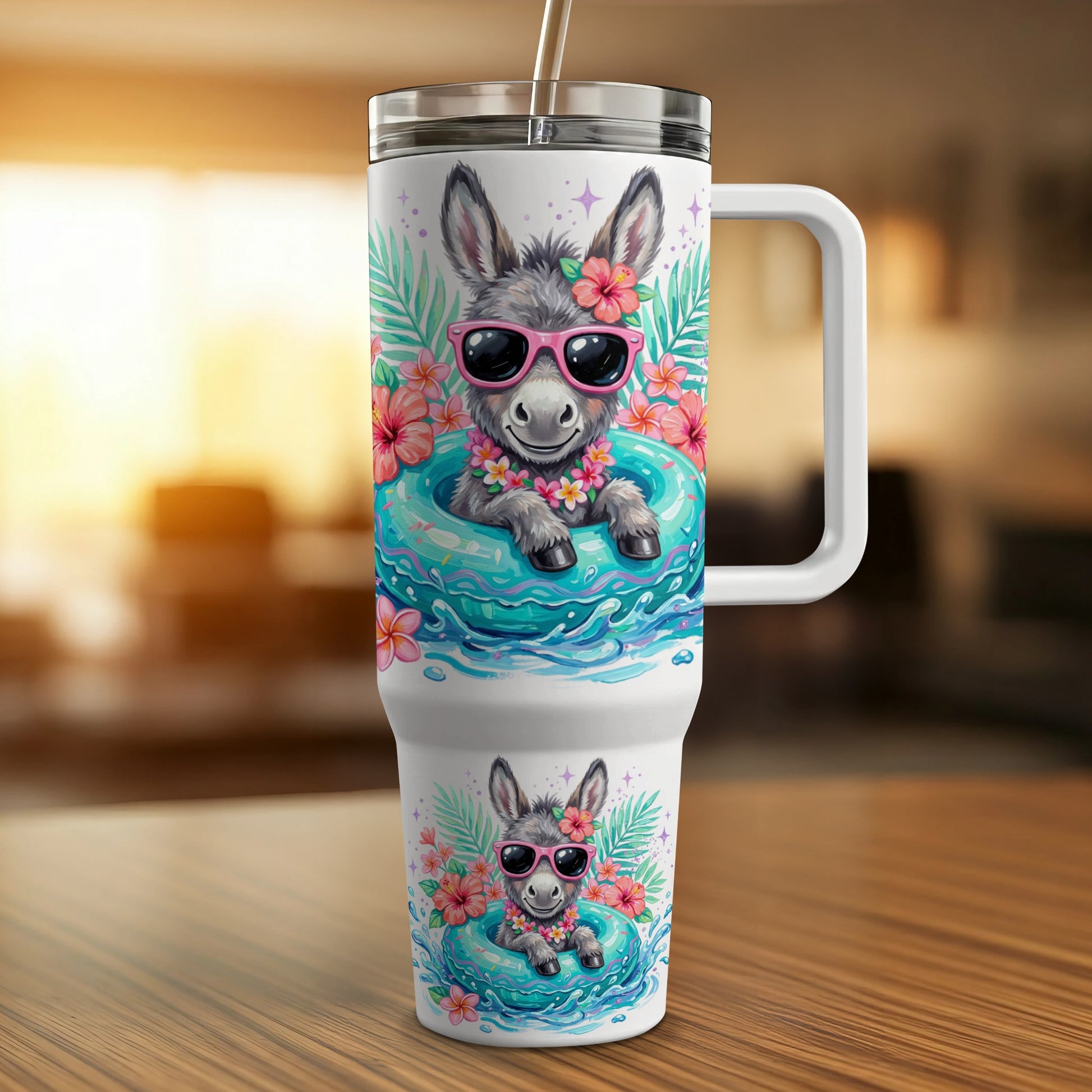 Donkey wearing sunglasses and lei in a tropical float on a tumbler.