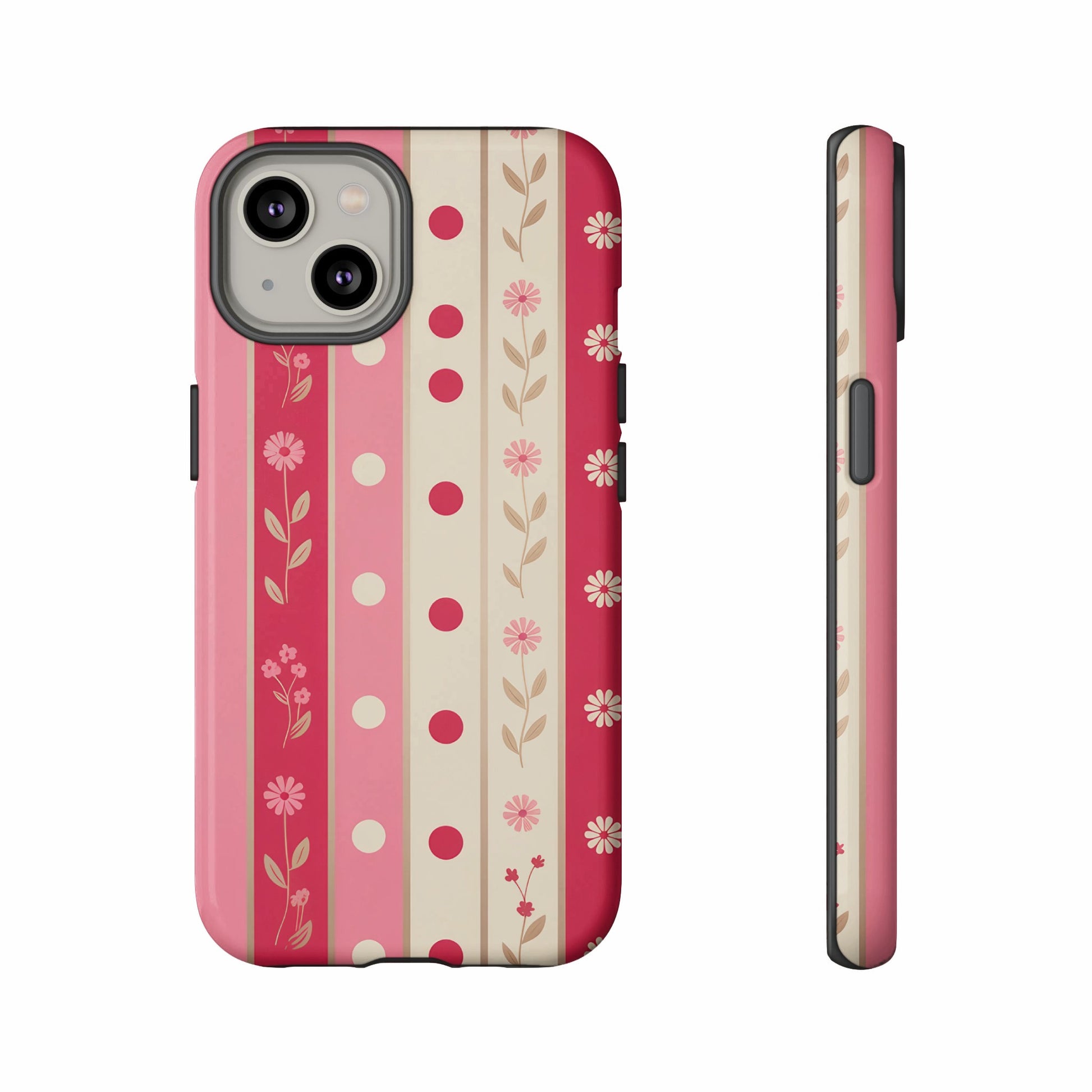 Pink floral stripe phone case with side view.