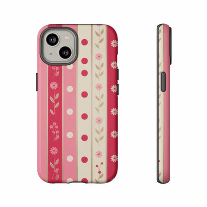 Pink floral stripe phone case with side view.