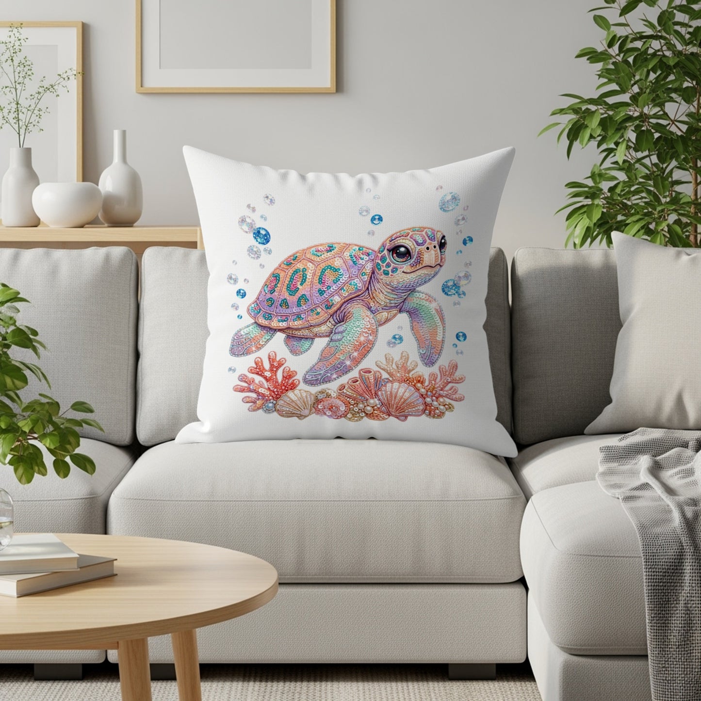 Colorful sea turtle on pillow with coral and bubbles, on a sofa.