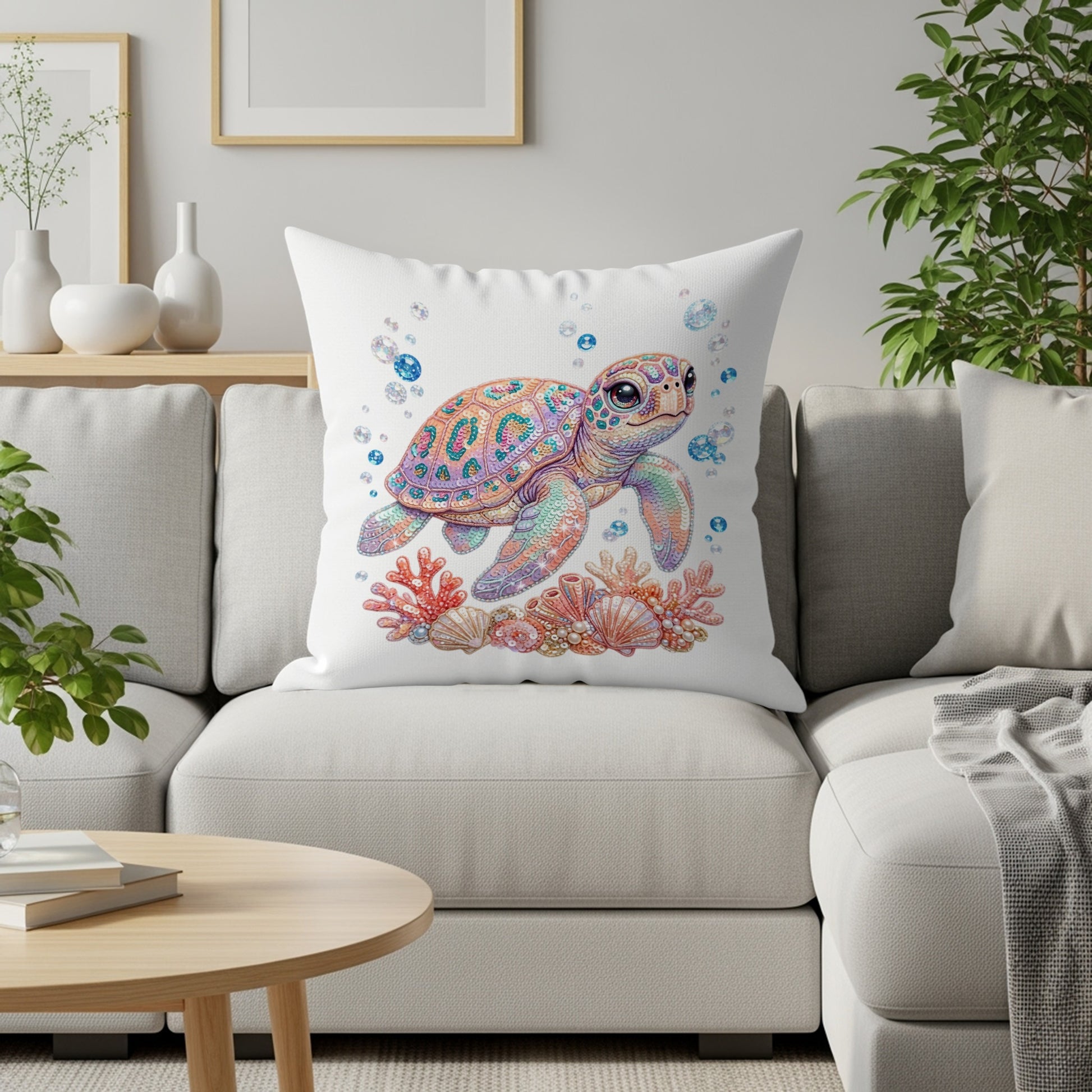 Colorful sea turtle on pillow with coral and bubbles, on a sofa.