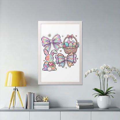 Easter decorations: bunny, basket, bows with pastel patterns.