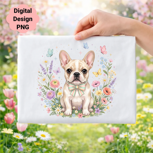 French bulldog with a bow tie surrounded by flowers and butterflies.