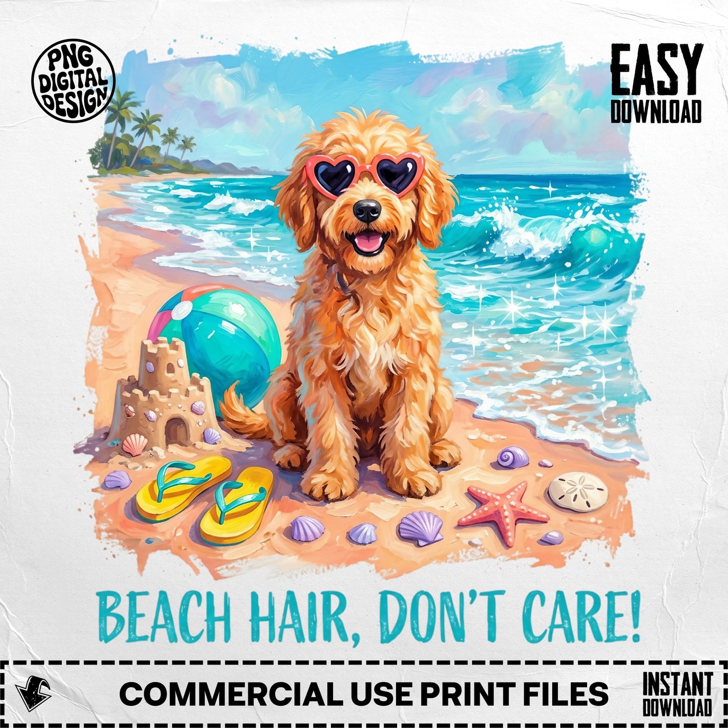 Golden doodle wearing sunglasses on a beach, with sandcastle and beach toys.